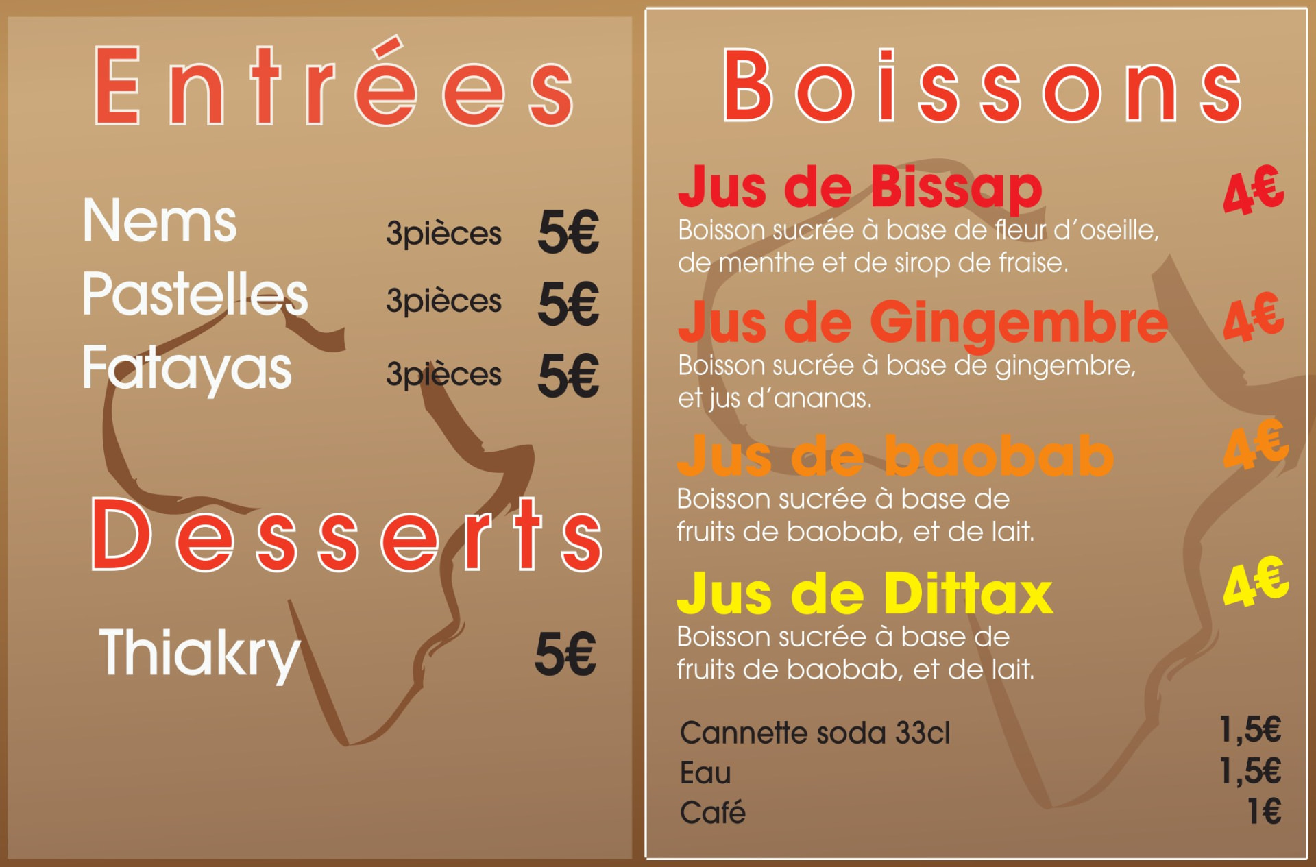 Entrées, desserts et boissons